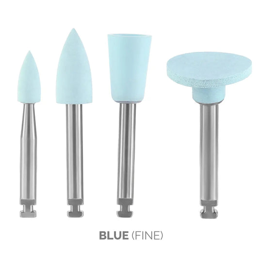 Dental Composite Polishing Kit RA 2.35MM Finishing Polishers for Contra Angle: Set of four blue fine polishing tools with different shaped heads and metal shanks for dental composite finishing and polishing