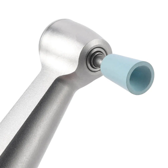 Dental Composite Polishing Kit RA 2.35MM Finishing Polishers for Contra Angle: Close-up of silver dental handpiece with light blue polishing attachment, showcasing precision tool for dental composite finishing and polishing procedures.