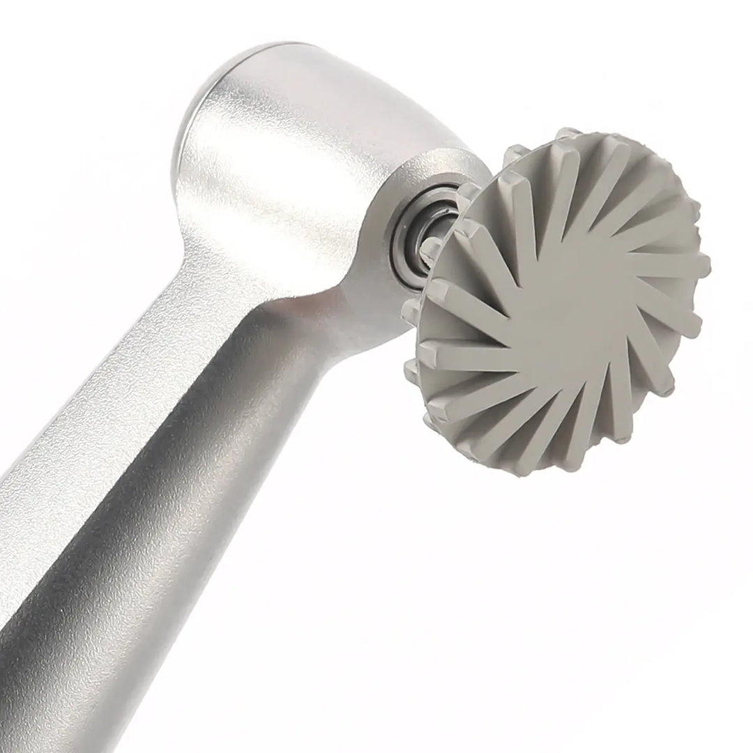 Dental Composite Polishing Kit RA 2.35MM Finishing Polishers for Contra Angle: Close-up of silver dental handpiece with fan-shaped polishing attachment, showcasing precision tool for dental composite finishing and polishing.