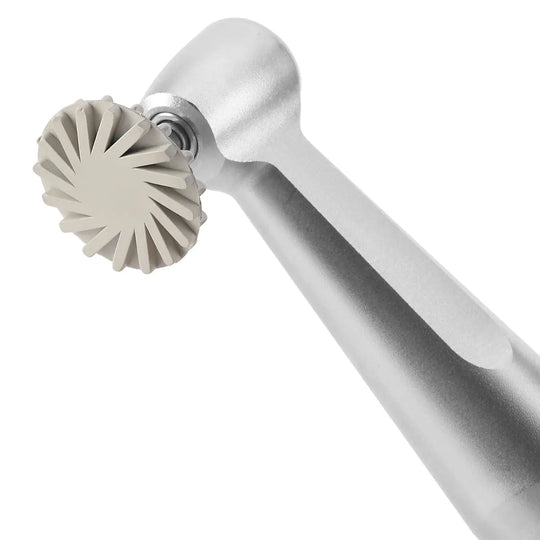 Dental Composite Polishing Kit RA 2.35MM Finishing Polishers for Contra Angle: Close-up of a silver dental polishing tool with a fluted circular head, designed for precision finishing and polishing of composite materials, natural teeth, and porcelain in dental procedures.