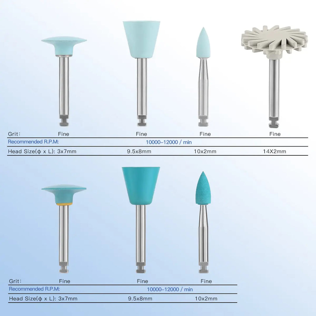 Dental Composite Polishing Kit RA 2.35MM Finishing Polishers for Contra Angle: Various shaped polishing tools with blue silicone tips and metal shanks, including cup, flame, point, and wheel designs. Image shows product specifications and recommended RPM for fine polishing of dental composites.