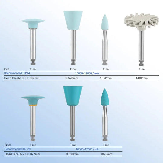 Dental Composite Polishing Kit RA 2.35MM Finishing Polishers for Contra Angle: Various shaped polishing tools with blue silicone tips and metal shanks, including cup, flame, point, and wheel designs. Image shows product specifications and recommended RPM for fine polishing of dental composites.