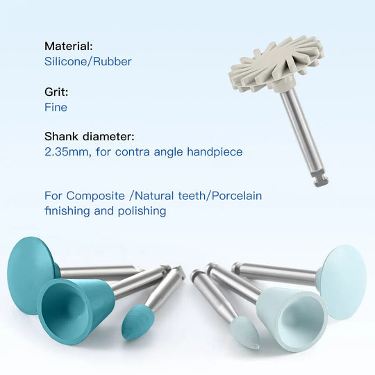 Dental Composite Polishing Kit RA 2.35MM Finishing Polishers for Contra Angle: Silicone/rubber polishing tools with fine grit, 2.35mm shank diameter. Set includes wheel-shaped and cup-shaped polishers in various sizes for composite, natural teeth, and porcelain finishing.