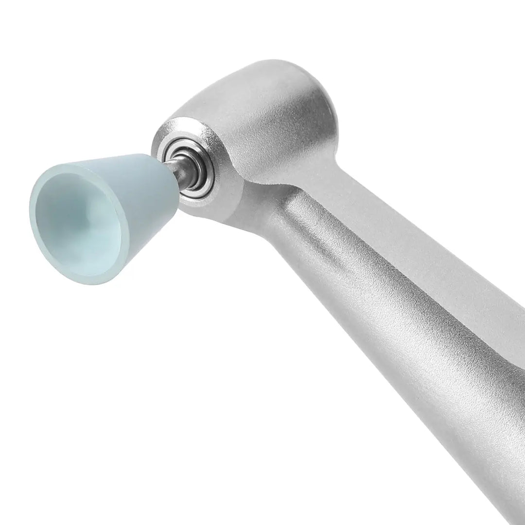 Dental Composite Polishing Kit RA 2.35MM Finishing Polishers for Contra Angle: Close-up of silver dental handpiece with light blue silicone polishing tip attached, showcasing the precision tool for composite and porcelain polishing in dentistry.