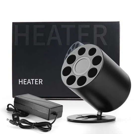 Dental Composite Resin Heater Material Soften Warmer 40℃-70℃ with black cylindrical heating unit, power adapter, and product box displaying "HEATER" text. Precision temperature control for dental composites and adhesives.