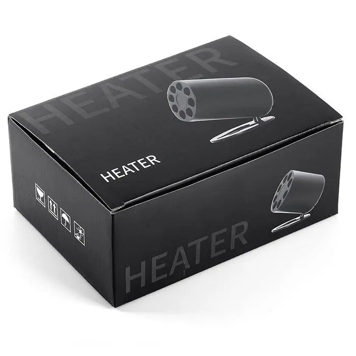 Black packaging box for Dental Composite Resin Heater Material Soften Warmer 40℃-70℃, featuring product name and cylindrical heater illustration on top, with packaging symbols on side