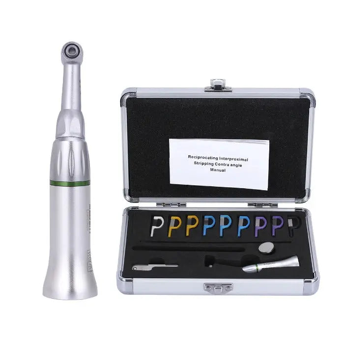 Dental Contra Angle Handpiece 4:1 Reduction Interproximal Stripping System with silver handpiece and case containing colorful attachments for precise dental procedures, offering safe and controlled interproximal stripping