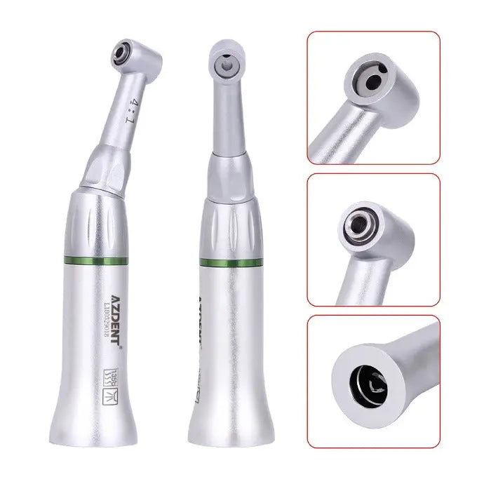 Dental Contra Angle Handpiece 4:1 Reduction Interproximal Stripping System shown from multiple angles. Silver-colored electric dental tool with ergonomic design, featuring a contra angle head and green accent band. Close-up views of the handpiece tip and connection point.