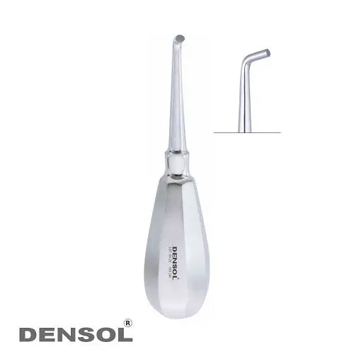 Dental Crown Remover Spreader Fig2 by Densol, featuring a sleek stainless steel design with elongated tip and ergonomic handle for precise crown removal procedures, shown alongside a diagram of its angled tip