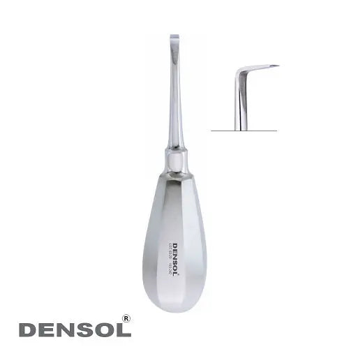 Dental Crown Spreader Curved Fig3: Professional stainless steel dental instrument with curved tip for crown removal procedures. White handle with Densol branding, durable construction, and precise design for efficient dental work.