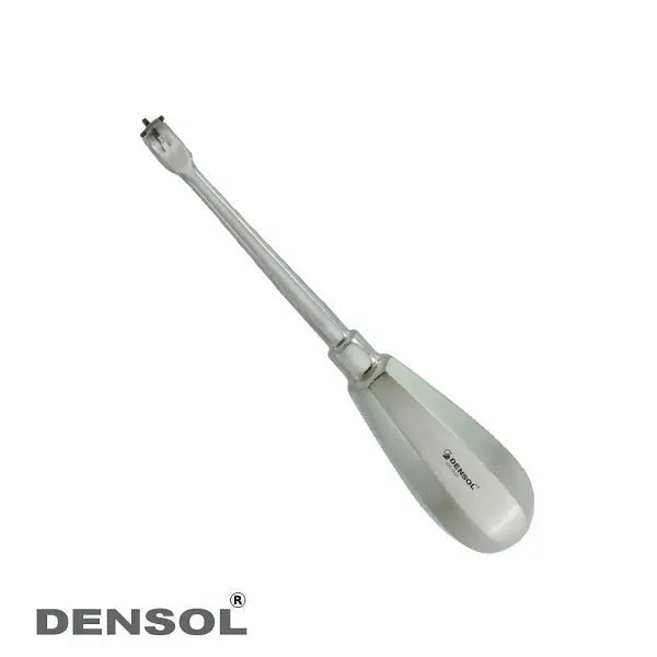 Dental Crown Spreader Remover Fig1: Stainless steel dental instrument with long shaft and ergonomic handle, featuring a specialized tip for crown removal procedures. Professional-grade tool by Densol for precise dental work.