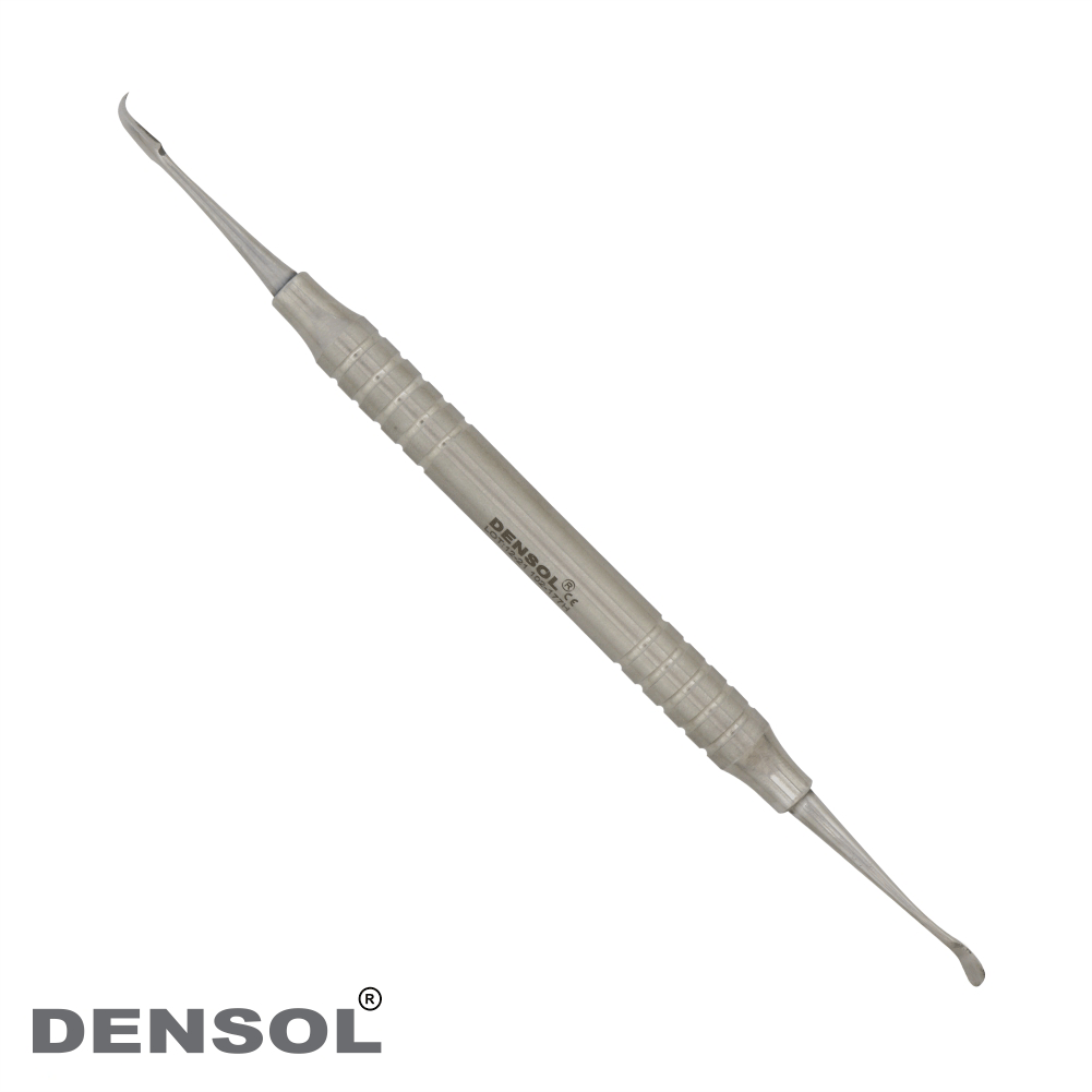 Dental Cumine Sickle Scaler 152 - Professional stainless steel dental instrument with textured grip handle and curved sickle-shaped ends. Precision tool for dental procedures, featuring Densol branding.