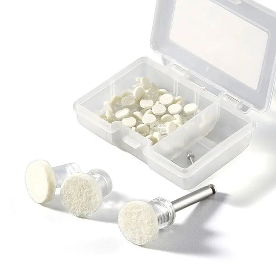 Dental Disposable Composite Polishing Disk set for high gloss polishing, including 50 white paste-impregnated disks and 1 CA mandrel in a clear plastic storage case, with three disks displayed in foreground