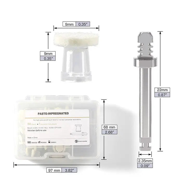 Dental Disposable Composite Polishing Disk set with dimensions, including 50 paste-impregnated disks and 1 CA mandrel. Packaging shows disk size of 9mm diameter, mandrel length of 22mm, and storage container dimensions. Product for high gloss polishing of dental composites.