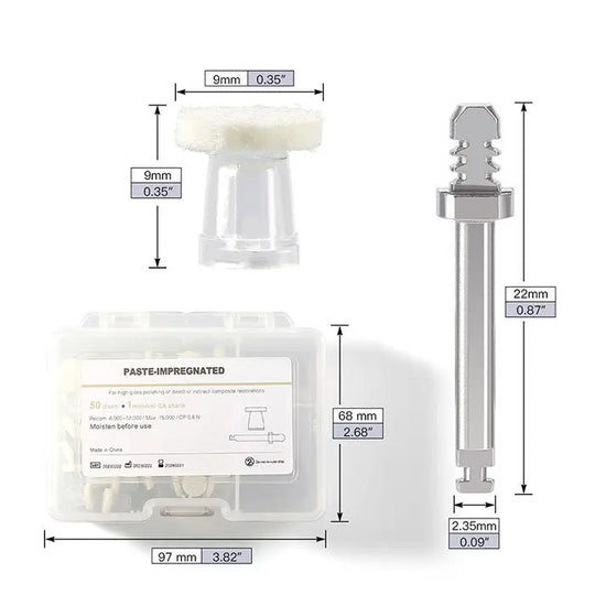 Dental Disposable Composite Polishing Disk set with dimensions, including 50 paste-impregnated disks and 1 CA mandrel. Packaging shows disk size of 9mm diameter, mandrel length of 22mm, and storage container dimensions. Product for high gloss polishing of dental composites.