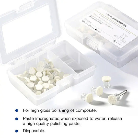 Dental Disposable Composite Polishing Disk set for high gloss polishing, containing 50 paste-impregnated disks and 1 CA mandrel. Shown in plastic storage case with product information and examples of disks and mandrel. Ideal for efficient composite polishing in dental procedures.