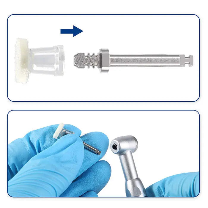 Dental Disposable Composite Polishing Disk for High Gloss Polishing of Composite 50 Disks+1 CA Mandrel: Detailed images showing the polishing disk attachment process and a gloved hand demonstrating use with dental tools for composite polishing.