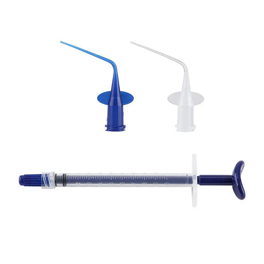 Dental Disposable Endo Irrigation Syringe 50 Pcs And Tip 50 Pcs set with blue and clear plastic tips and 1ML capacity syringe for precise dental canal irrigation, ensuring patient comfort and dentist maneuverability