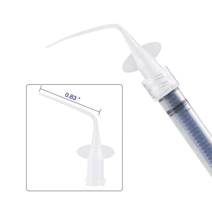 Dental Disposable Endo Irrigation Syringe 50 Pcs And Tip 50 Pcs: Close-up of a transparent plastic syringe with a blue-tinted barrel and a curved, flexible tip. Inset diagram shows tip dimensions. Sterile, precise dental tool for canal irrigation and patient comfort.