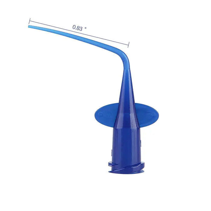 Dental Disposable Endo Irrigation Syringe tip, blue plastic, 0.83 inch length, curved design for precise canal irrigation in dental procedures, part of 50-piece set for Shopify product "Dental Disposable Endo Irrigation Syringe 50 Pcs And Tip 50 Pcs