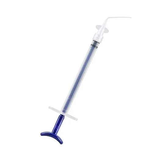 Dental Disposable Endo Irrigation Syringe 50 Pcs And Tip 50 Pcs: Clear plastic syringe with blue plunger and tip, featuring graduated markings for precise measurements, designed for dental endodontic procedures and canal irrigation