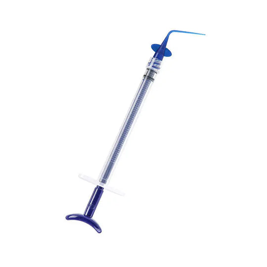 Dental Disposable Endo Irrigation Syringe 50 Pcs And Tip 50 Pcs: Close-up of a clear plastic syringe with blue components, featuring a thin, angled tip for precise dental irrigation. Designed for comfortable and efficient endodontic procedures.