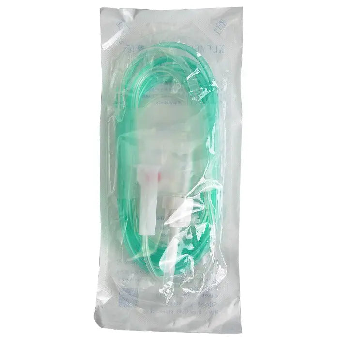 Dental Disposable Implant Irrigation Tube in clear plastic packaging, featuring a long coiled mint green tube with white connectors for dental surgery cooling, sterile and ready for use in implant procedures