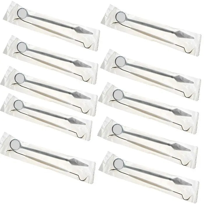 Dental Disposable Instrument kit Mirror and Explorer Probe 10Kits displayed in clear plastic packaging. Each kit contains a dental mirror and explorer probe made of high-quality plastic for single use. Multiple sealed kits shown, highlighting the product's quantity and individual packaging.