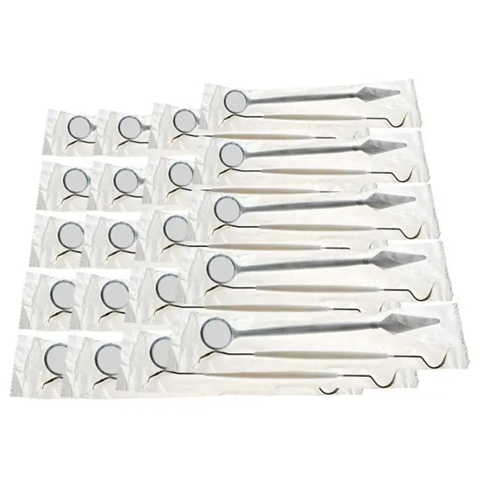 Dental Disposable Instrument kit Mirror and Explorer Probe 10Kits displayed on white background. Multiple sealed plastic packages containing dental mirrors and explorer probes arranged in rows, showcasing the quantity and individual packaging of the disposable dental tools.