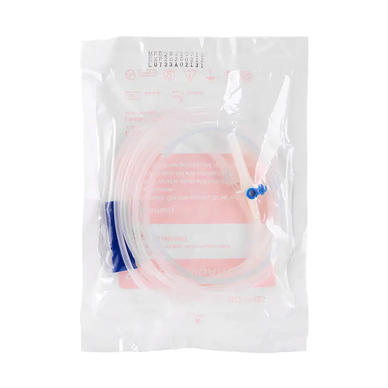 Dental Disposable Surgical Irrigation Tubing in sterile packaging, featuring long clear plastic tubing with blue connectors, designed for single-use in dental and surgical procedures, compatible with various dental equipment brands