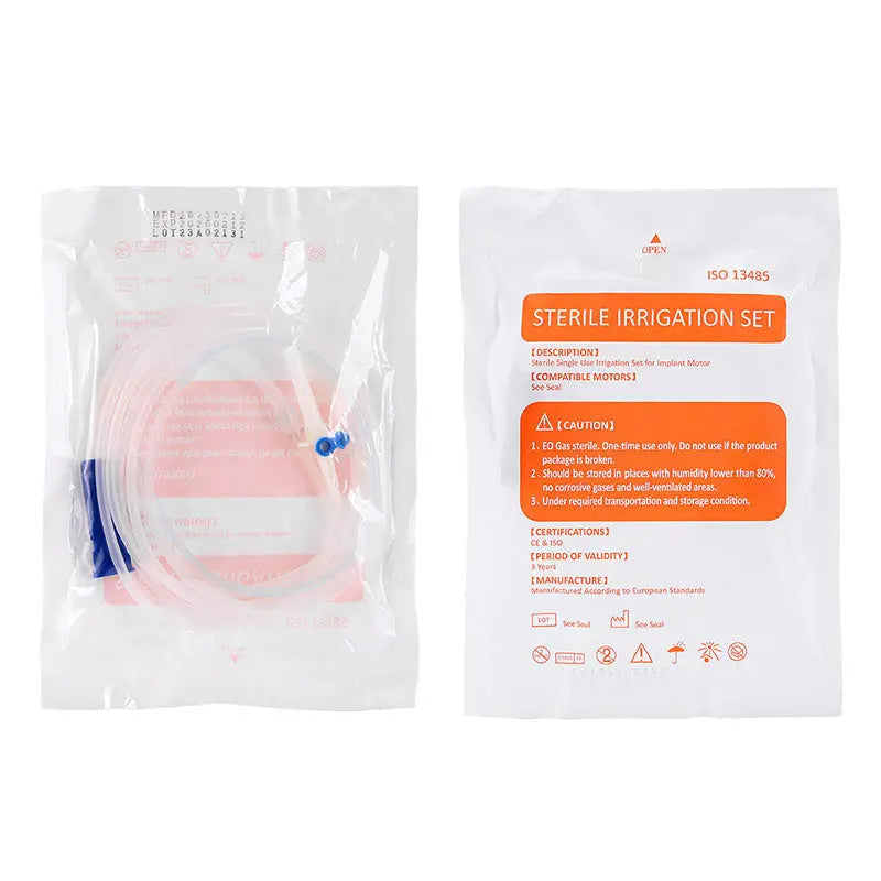 Dental Disposable Surgical Irrigation Tubing set in sterile packaging, displaying coiled transparent tubing with blue connectors and product information label showing "Sterile Irrigation Set" in orange, suitable for various dental surgical drive units.