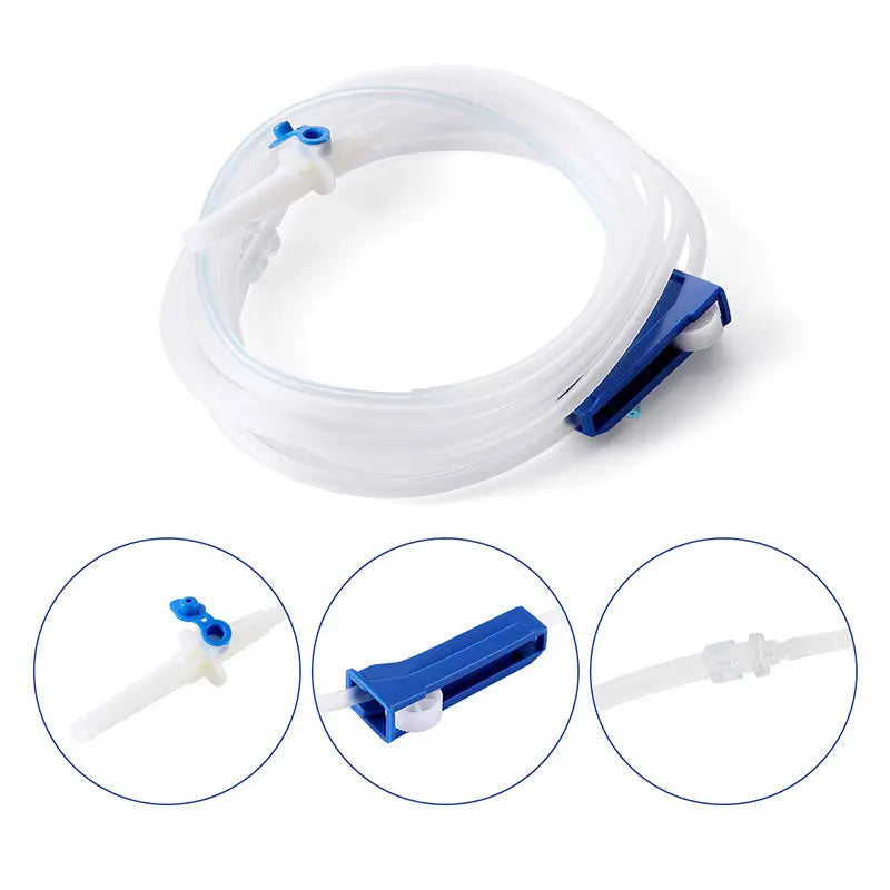 Dental Disposable Surgical Irrigation Tubing with flow regulator, sterile single-use system for surgical drive units. Clear tubing with blue connectors, 273cm long, compatible with multiple brands. Close-up of tubing coil and individual components shown.