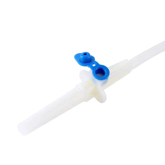 Dental Disposable Surgical Irrigation Tubing with blue flow regulator attached to white sterile tubing, showcasing single-use design for surgical drive units, compatible with various dental equipment brands