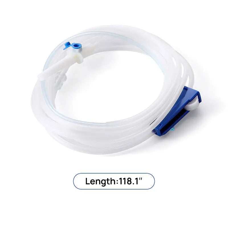 Dental Disposable Surgical Irrigation Tubing, 118.1 inches long, coiled white plastic tube with blue flow regulator and connector, sterile single-use system for surgical drive units, compatible with multiple brands