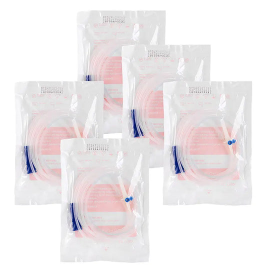 Dental Disposable Surgical Irrigation Tubing in sterile packaging, showing five transparent bags containing pink coiled tubing with blue connectors, ready for single-use in dental procedures