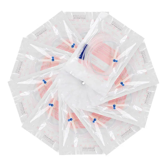 Dental Disposable Surgical Irrigation Tubing arranged in a circular pattern, individually sealed in clear plastic bags with pink padding and blue connectors visible, showcasing sterile packaging and product design for dental procedures.