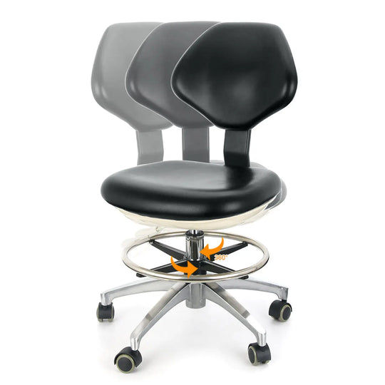 Dental Doctor Stool with adjustable seat and backrest, 360-degree rotation. Black PU leather seat with rebound foam, metal base with casters. Ergonomic design for comfort and mobility in dental practices.