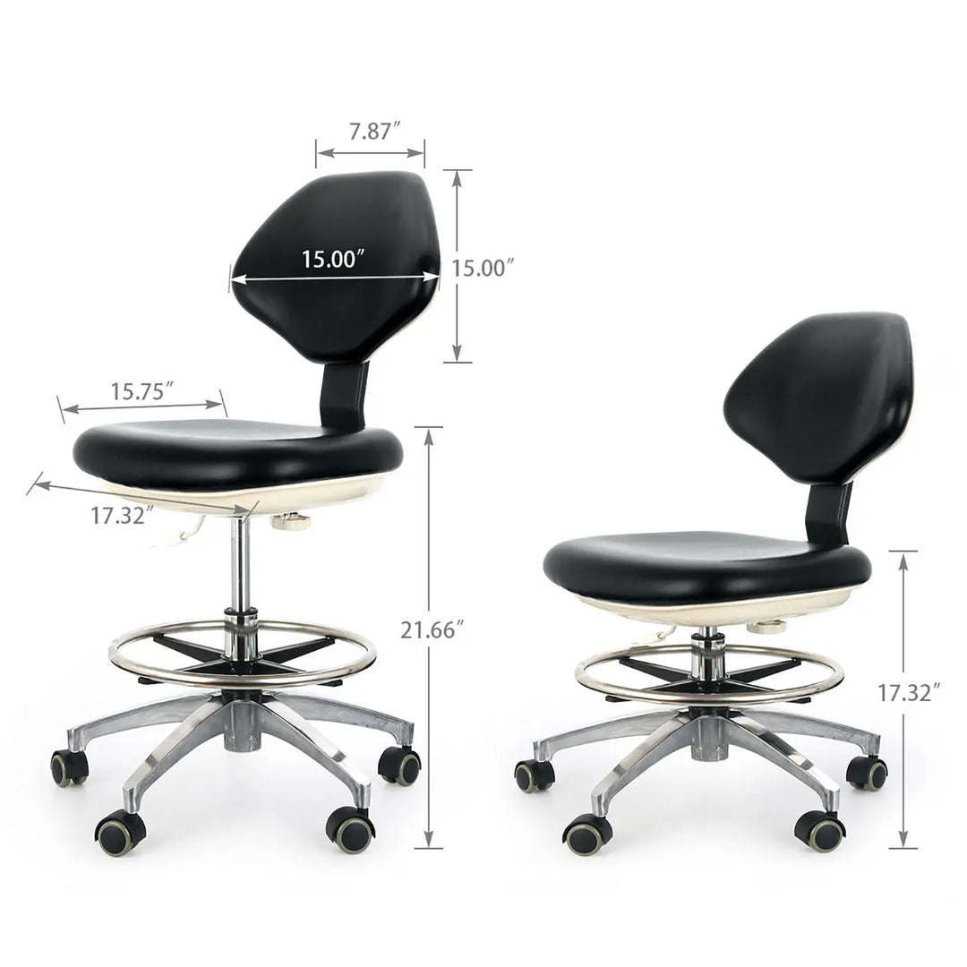 Dental Doctor Stool With Adjustable Seat And Backrest 360-Degree Fully Rotated: Two black adjustable dental stools with dimensions labeled, showcasing backrest and seat options. Five-leg aluminum base with casters visible. Illustrates height adjustability and ergonomic design for dental professionals.