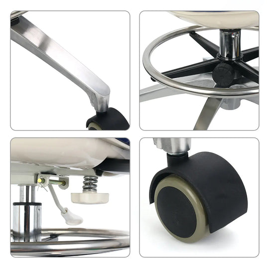 Dental Doctor Stool with Adjustable Seat and Backrest 360-Degree Fully Rotated - Close-up images of stool components including aluminum base legs, height adjustment mechanism, caster wheels, and footrest ring, showcasing mobility and adjustability features of the dental chair.