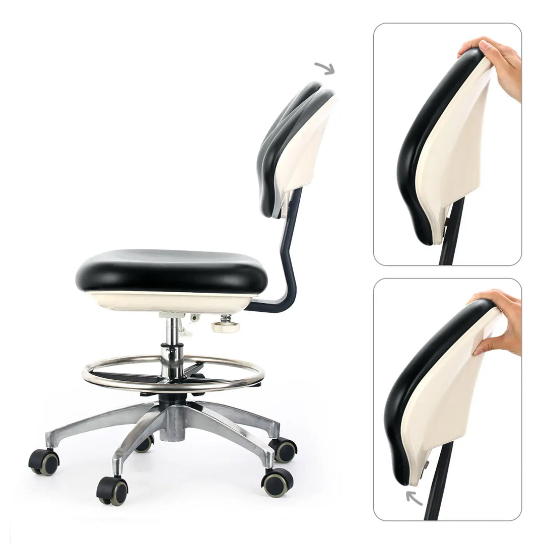 Dental Doctor Stool with Adjustable Seat and Backrest 360-Degree Fully Rotated featuring black and white ergonomic design, cushioned seat, adjustable backrest, metal base with casters, and height adjustment mechanism for optimal comfort and mobility in dental settings.