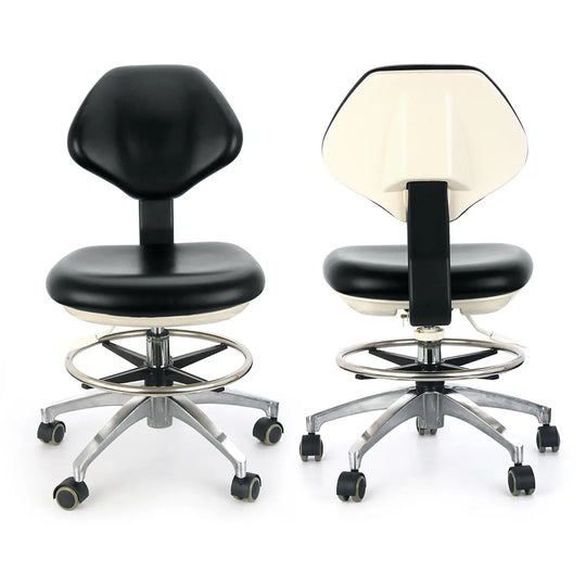 Dental Doctor Stool With Adjustable Seat And Backrest 360-Degree Fully Rotated: Two black and white dental stools with ergonomic design, featuring adjustable seats, backrests, and rolling bases for optimal comfort and mobility in dental practices.