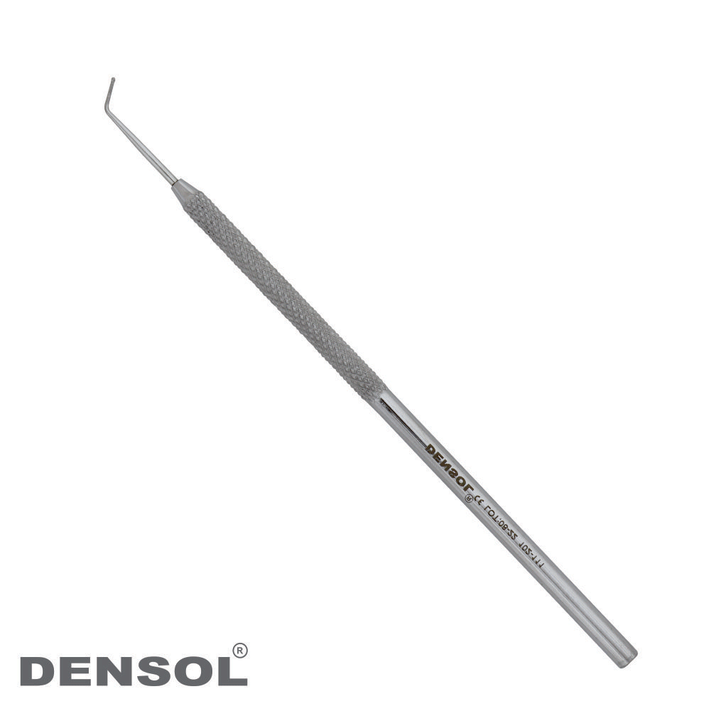 Dental Dycal Applicator Restorative 6mm Solid Handle: Stainless steel dental instrument with textured grip and curved tip for precise application in restorative procedures. Denso brand logo visible on handle.