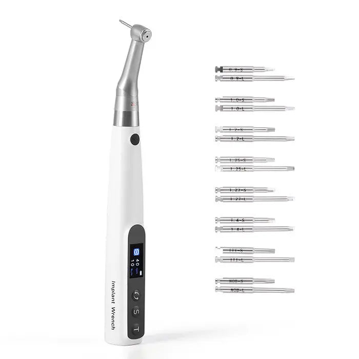 Dental Electric Wireless Torque Driver Universal Implant Torque Wrench with 16 drivers, featuring white handle, silver head, digital display, and multiple precision attachments for dental procedures, 10-50Ncm torque range