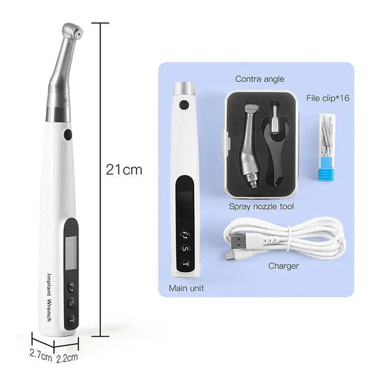 Dental Electric Wireless Torque Driver Universal Implant Torque Wrench set with 16 drivers, 10-50Ncm range. Image shows main unit, contra angle, spray nozzle tool, file clips, and charger. Precise dental instrument for implant procedures and orthodontic treatments.