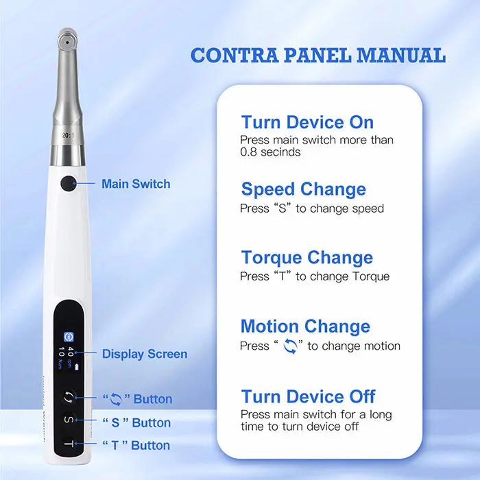 Dental Electric Wireless Torque Driver Universal Implant Torque Wrench control panel showing main switch, display screen, and buttons for speed, torque, and motion adjustments, with instructions for operation