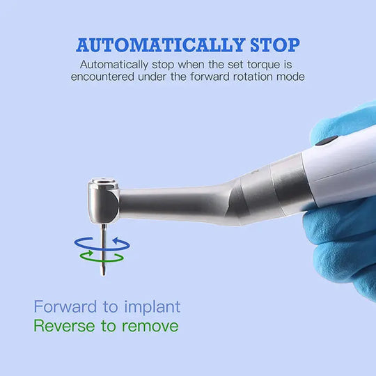 Dental Electric Wireless Torque Driver with automatic stop feature, showcasing forward and reverse rotation modes for implant procedures. Product demonstrates precision control for dental implant installation and removal.