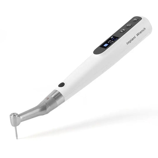 Dental Electric Wireless Torque Driver Universal Implant Torque Wrench 16pcs Drivers 10-50Ncm: White handheld device with digital display and angled metal tip for precise dental implant procedures. Sleek design with control buttons visible on handle.