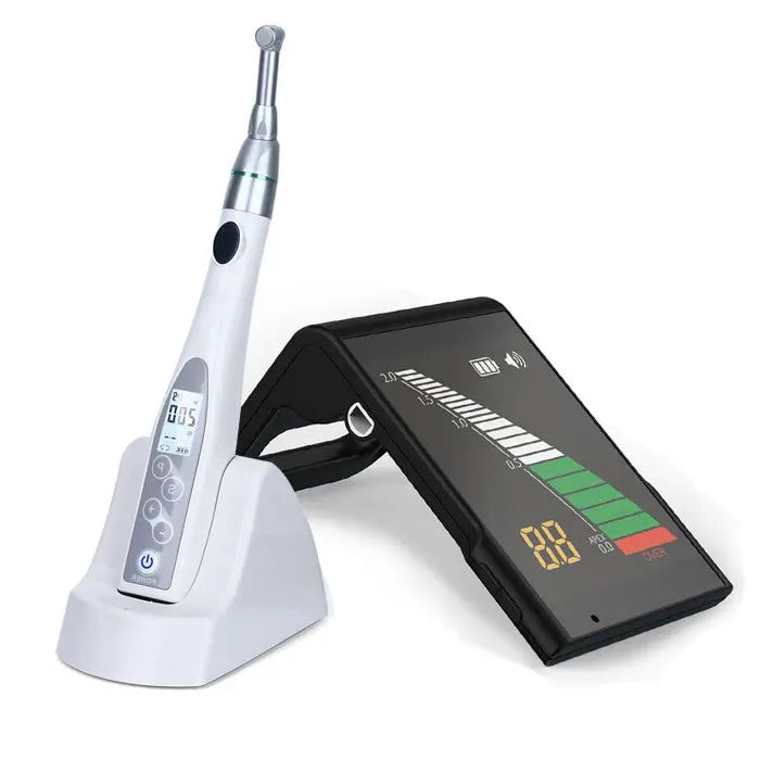 Dental Endo Motor 16:1 Mini Root Canal Handpiece and Electro Apex Locator Apex X, featuring a white cordless handpiece with digital display in charging dock, alongside a black electronic apex locator with color-coded measurement display for precise root canal treatments.