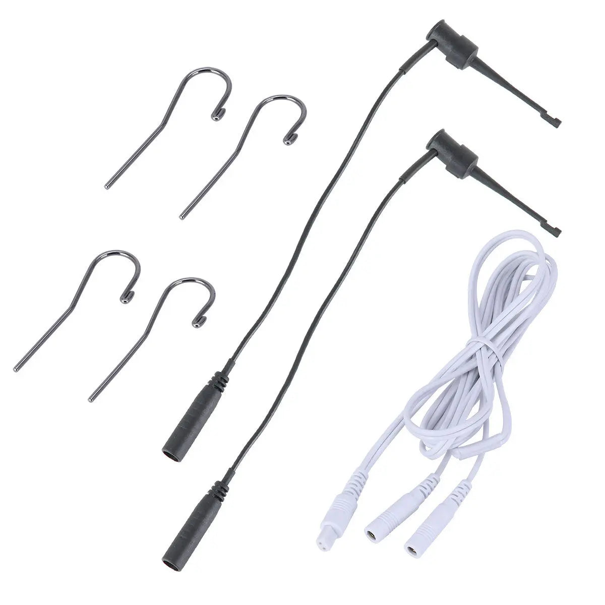 Dental Endo Treatment Measuring Line And Lip Hook Apex Locator Accessories set including four metal lip hooks, two file holders with handles, and one white test wire for precise endodontic measurements and treatments