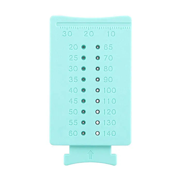 Dental Endodontic Instruments Gutta Percha Cutter Endo Measuring Ruler Span Scale: Teal plastic ruler with markings from 10 to 30 on top and 20 to 140 on side, featuring holes for precise measurements in endodontic procedures